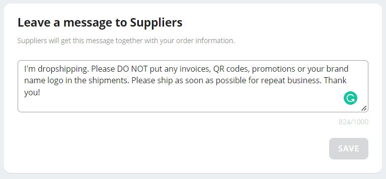 Custom dropshipping note for AliExpress