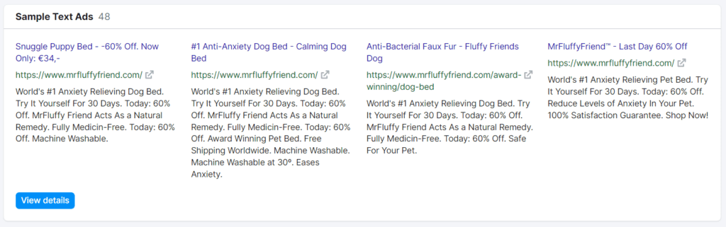 Sample texts of Mrfluffyfriend Google Ads