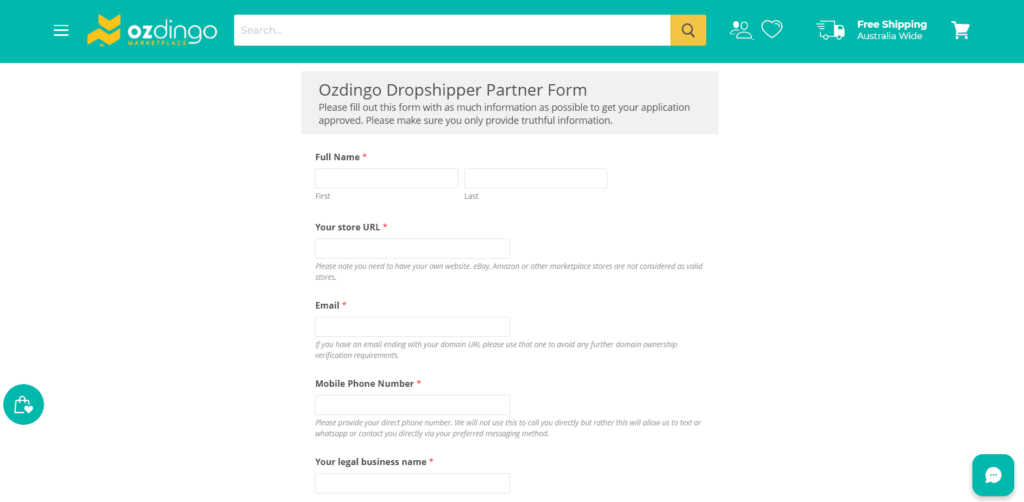 Ozdingo dropshipper partner form