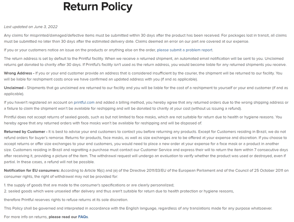 Printful's return policy