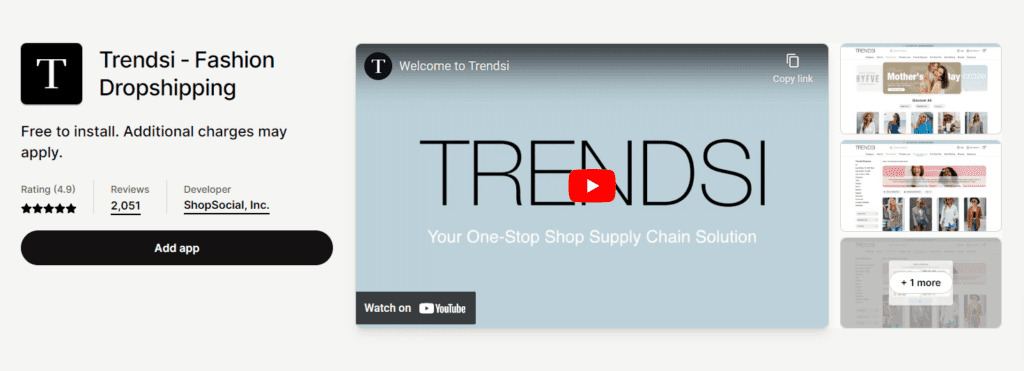 Trendsi app on Shopify app store